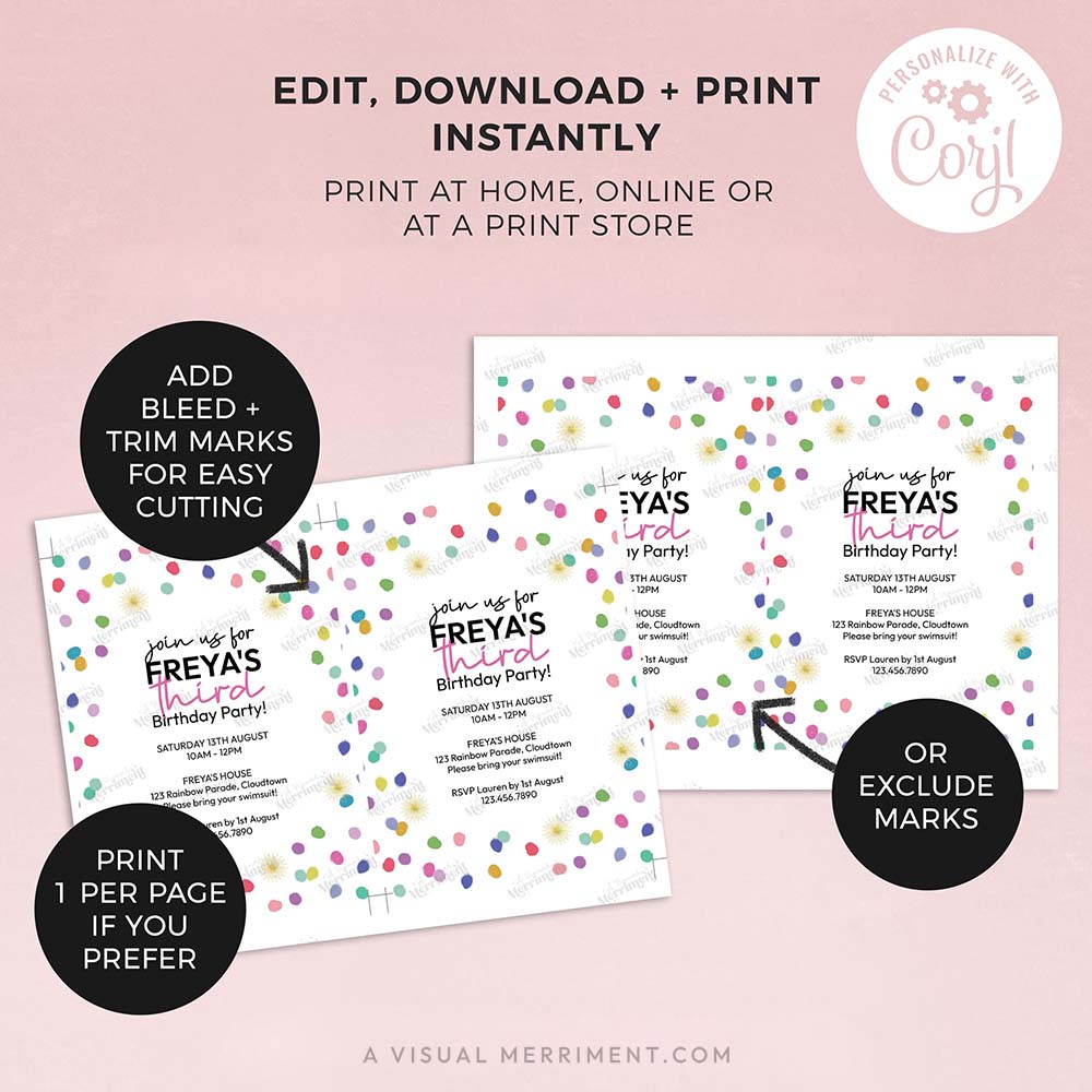 2 pages with instructions for editable invitation template with colorful polka dots