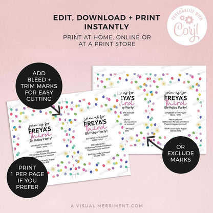 2 pages with instructions for editable invitation template with colorful polka dots