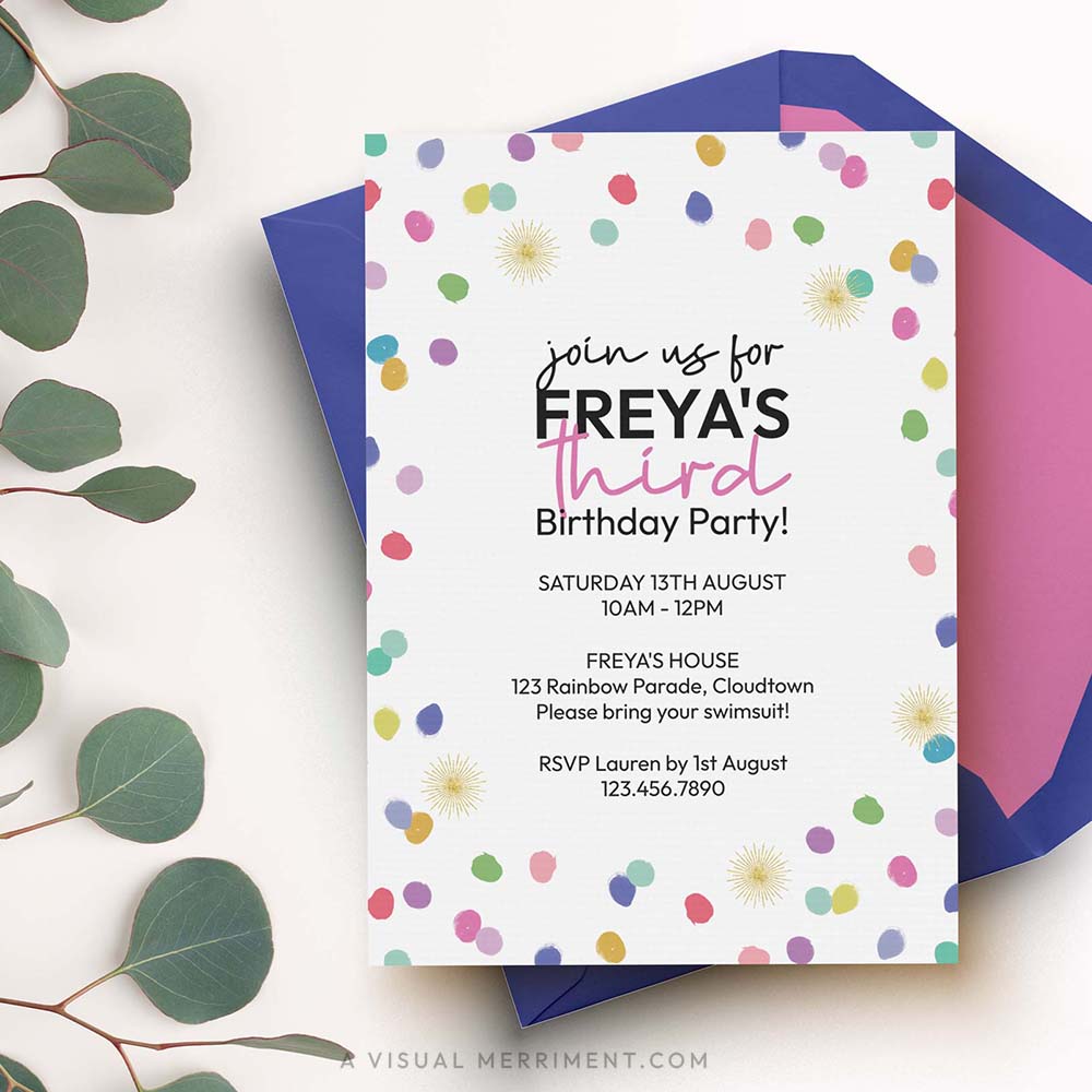 rainbow confetti editable invitation template page on envelope with eucalyptus leaves