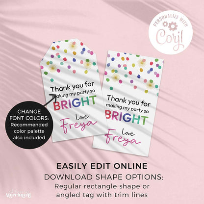 two polka dot rainbow confetti party tags with instructions