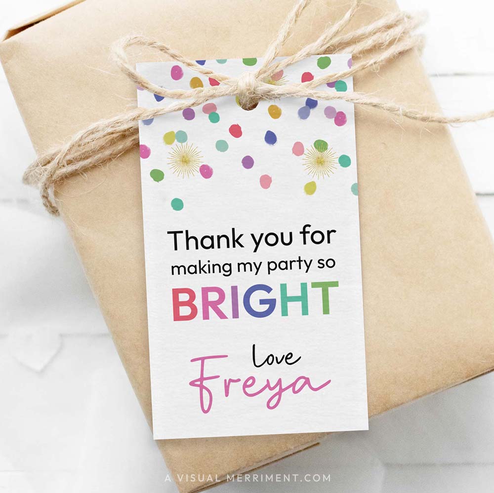 colorful rainbow confetti polka dots editable gift tag template on wrapped gift