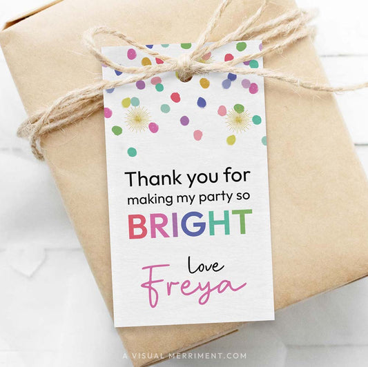 colorful rainbow confetti polka dots editable gift tag template on wrapped gift