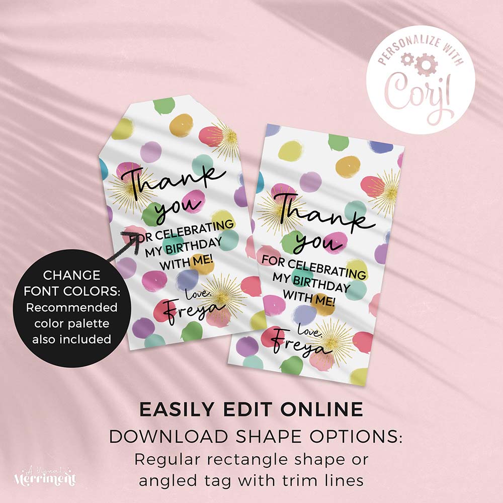 Angled and rectangular colorful rainbow confetti polka dots printable gift tags with instructions