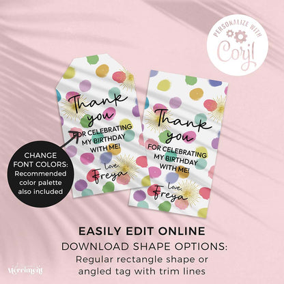 Angled and rectangular colorful rainbow confetti polka dots printable gift tags with instructions