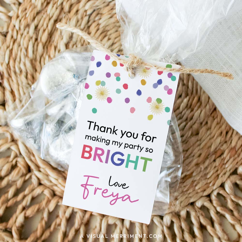 thank you editable gift tag template with colorful confetti polka dots attached to bag of treats