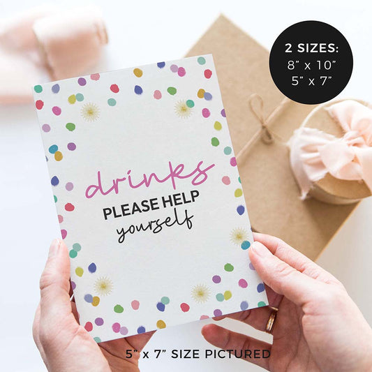 hands holding ‘Drinks please help yourself’ wedding sign with rainbow confetti polka dot design