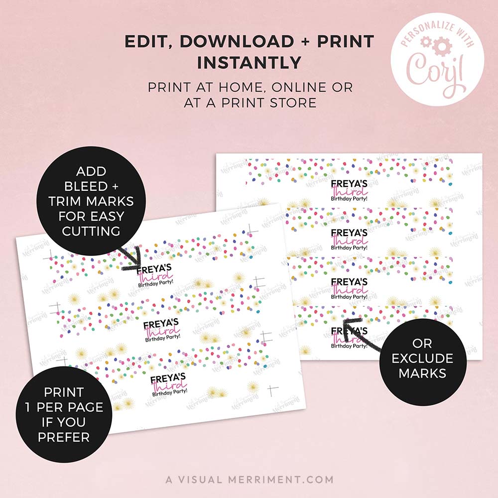 2 pages with instructions for editable water bottle label template with colorful confetti polka dot design