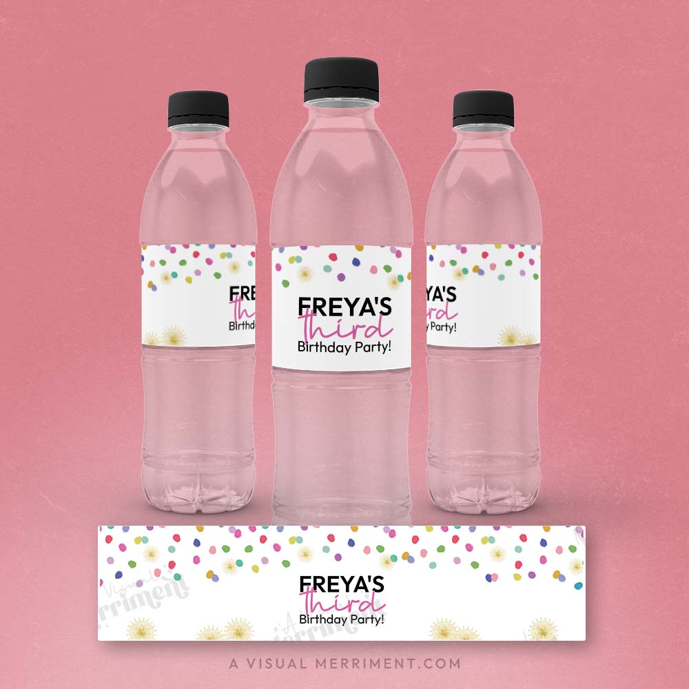 three water bottles with labels and a laid out custom water bottle label with colorful polka dot rainbow confetti