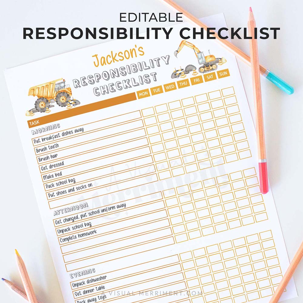 editable printable construction responsibility checklist for children with pencils