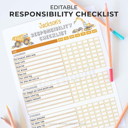 editable printable construction responsibility checklist for children with pencils