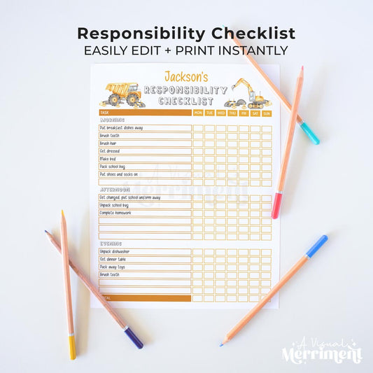 construction editable printable responsibility checklist for children and pencils