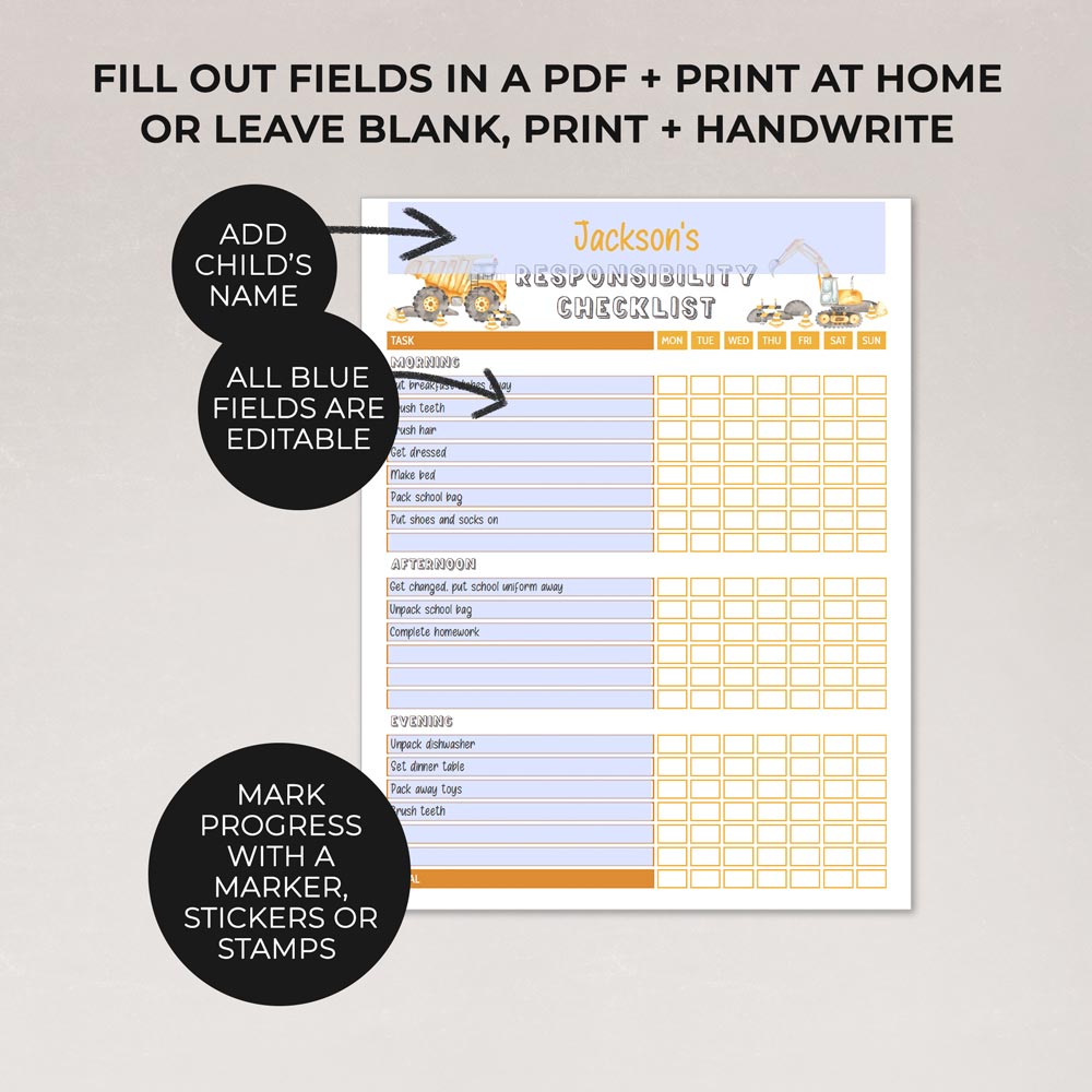 editable fields for construction editable printable weekly responsibility checklist