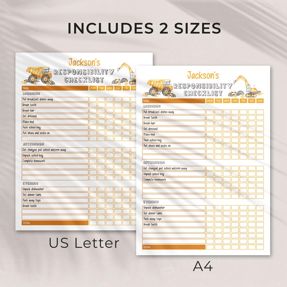 construction editable printable responsibility checklist in 2 sizes - US letter and A4