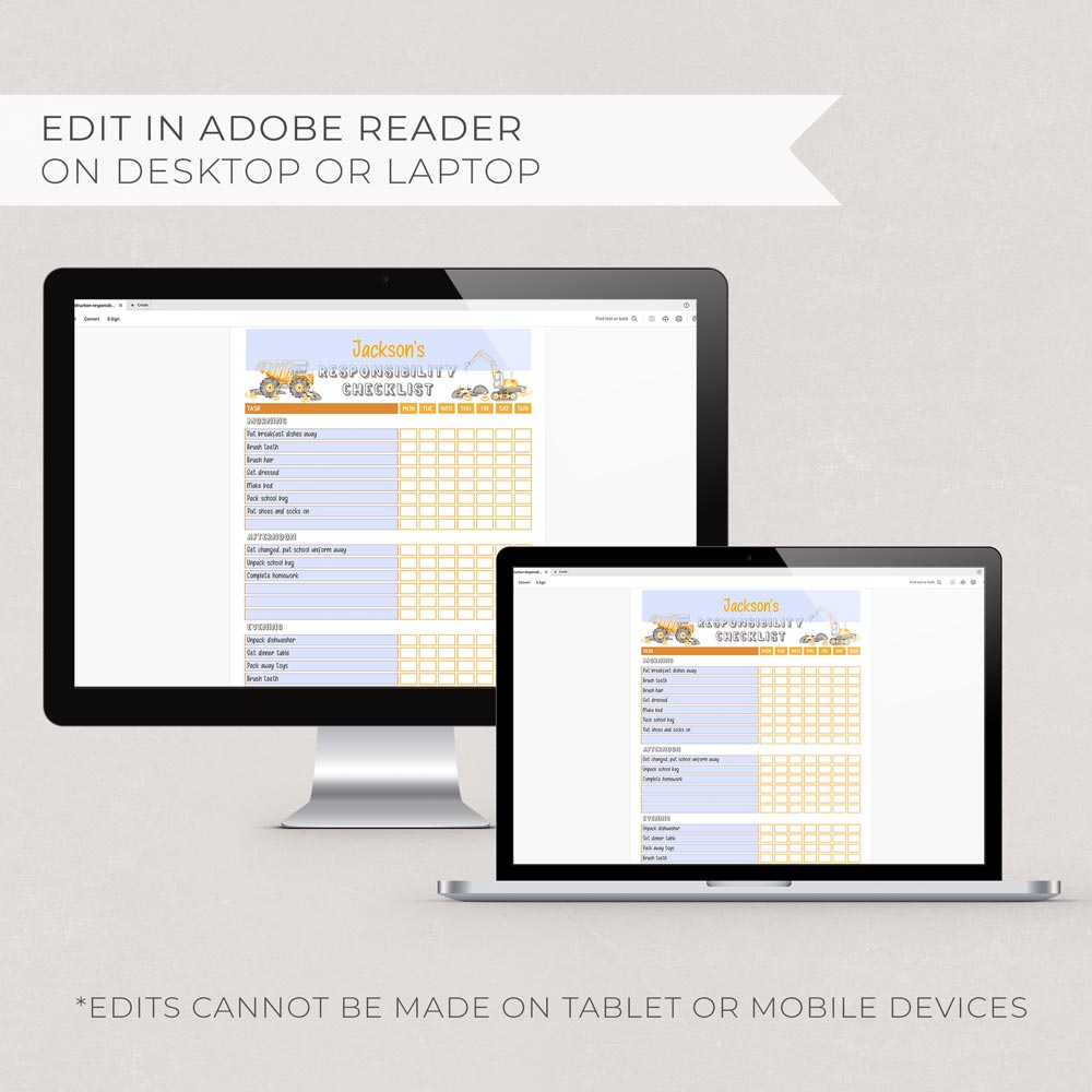 construction editable responsibility checklist pdfs on computer and laptop screens