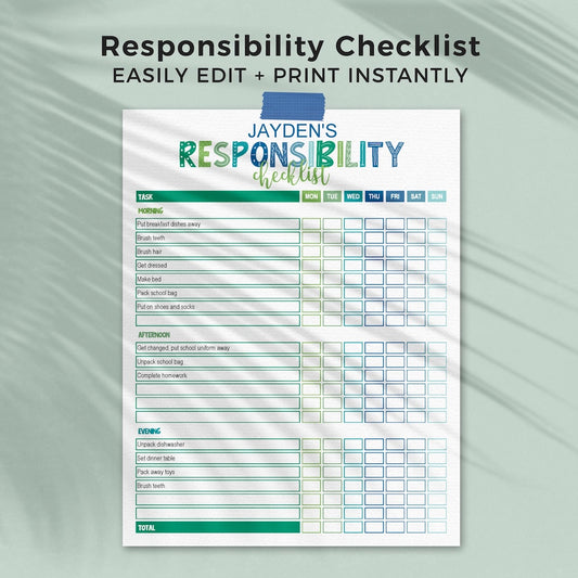 blue & green editable printable responsibility checklist page with daily and weekly chores