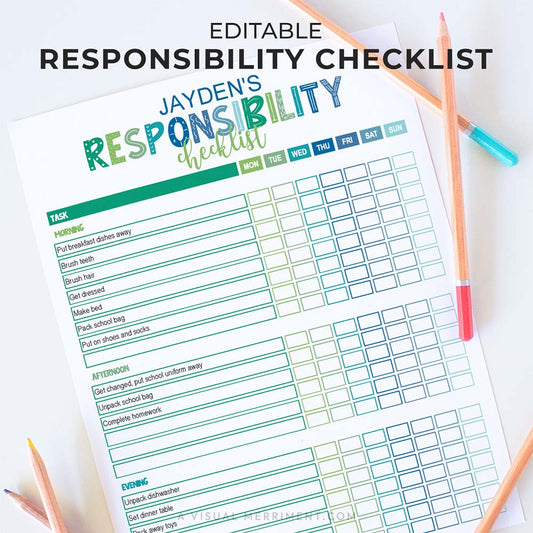 blue & green editable printable responsibility checklist with daily and weekly chores