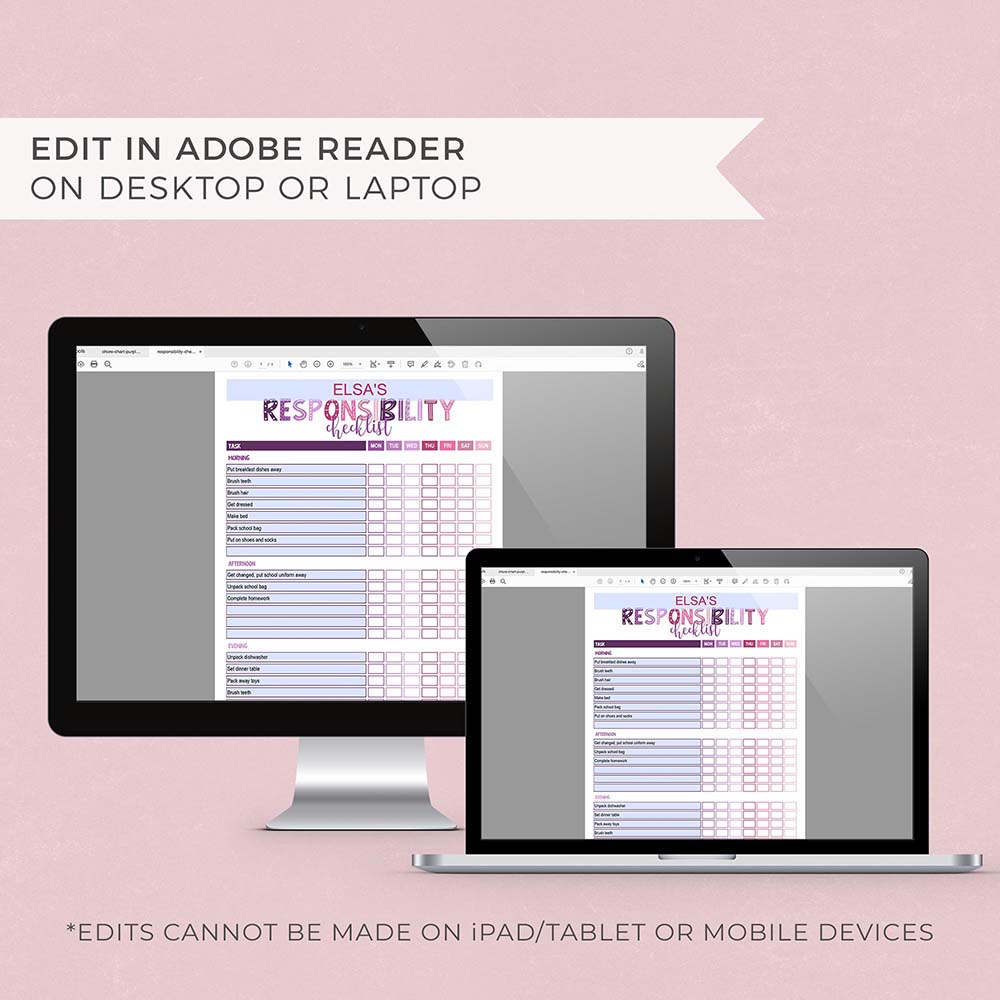 purple pink editable responsibility checklist pdfs on computer and laptop screens