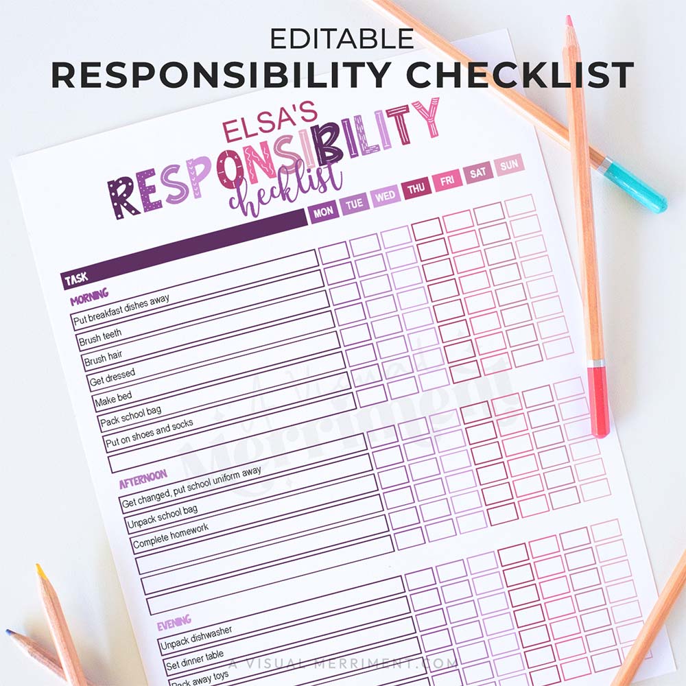 purple pink editable printable responsibility checklist for girls with pencils