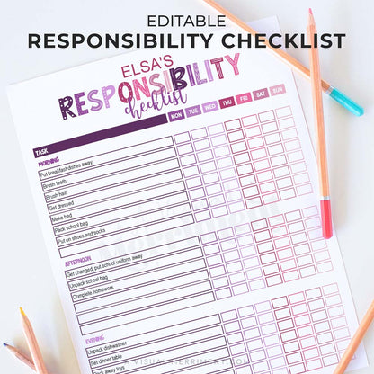 purple pink editable printable responsibility checklist for girls with pencils