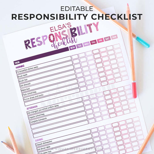 purple pink editable printable responsibility checklist for girls with pencils