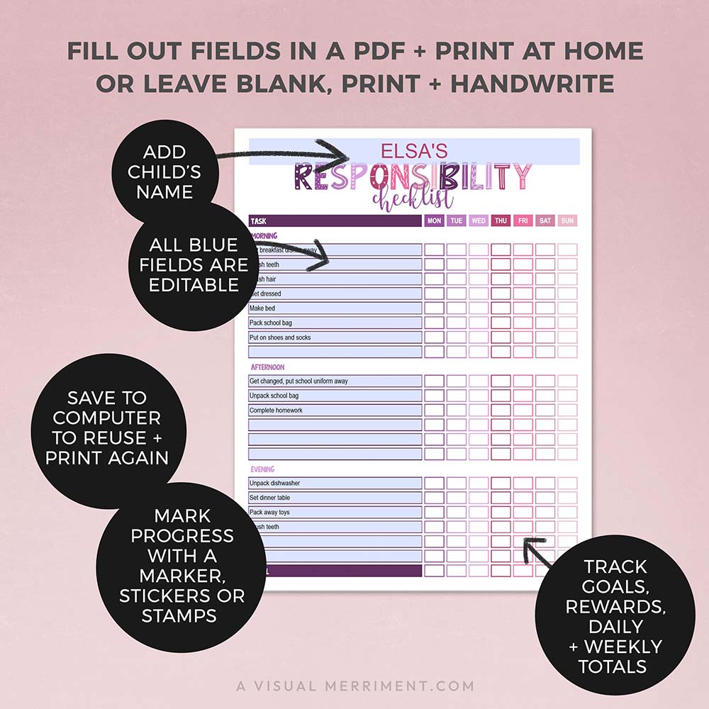 editable fields for purple pink editable printable responsibility checklist