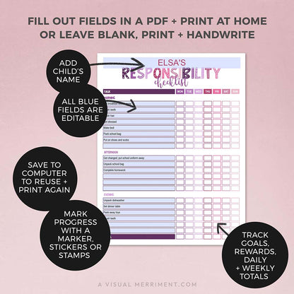 editable fields for purple pink editable printable responsibility checklist