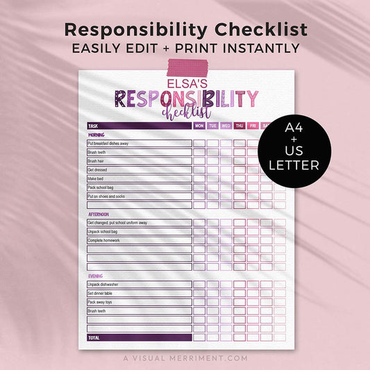 purple pink editable printable responsibility checklist for children with pencils