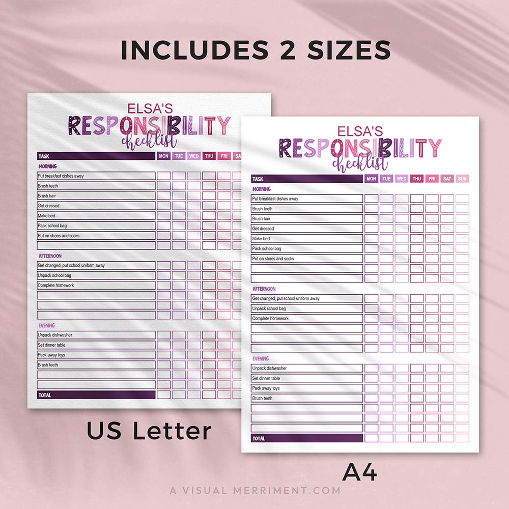 purple pink editable printable responsibility checklist in 2 sizes - US letter and A4