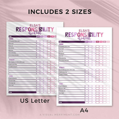 purple pink editable printable responsibility checklist in 2 sizes - US letter and A4