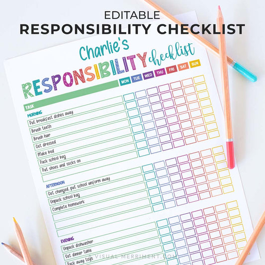 Rainbow responsibility checklist editable printable