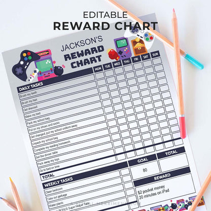 retro gamer editable printable reward chart for children with pencils