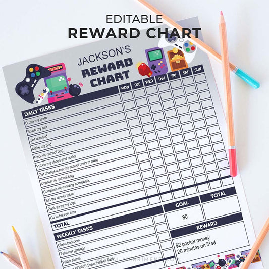 retro gamer editable printable reward chart for children with pencils