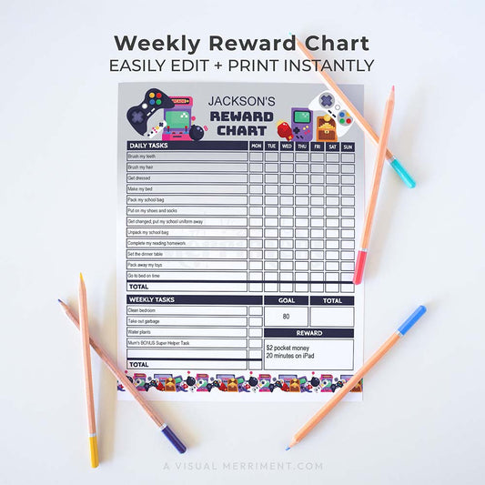 editable printable weekly reward chart for kids in retro arcade gamer design
