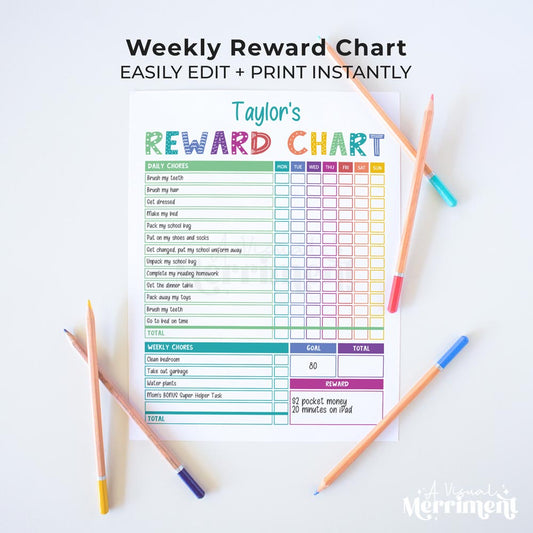 Colorful rainbow weekly reward chart, editable and printable, on white surface with pencils