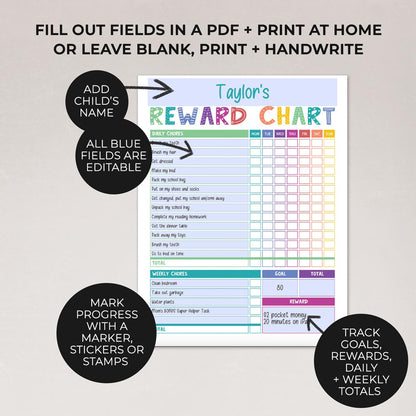 colorful rainbow editable reward chart page with instructions on how to edit