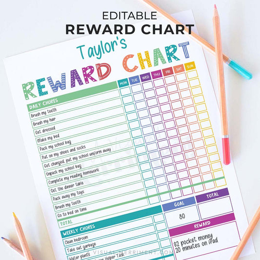 rainbow weekly reward chart, editable and printable, on white surface with pencils