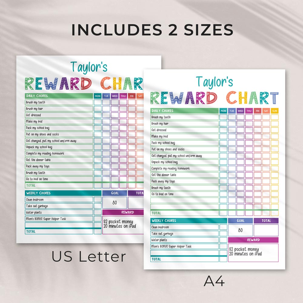 editable rainbow reward chart PDF pages in 2 sizes - A4 and 8.5x11