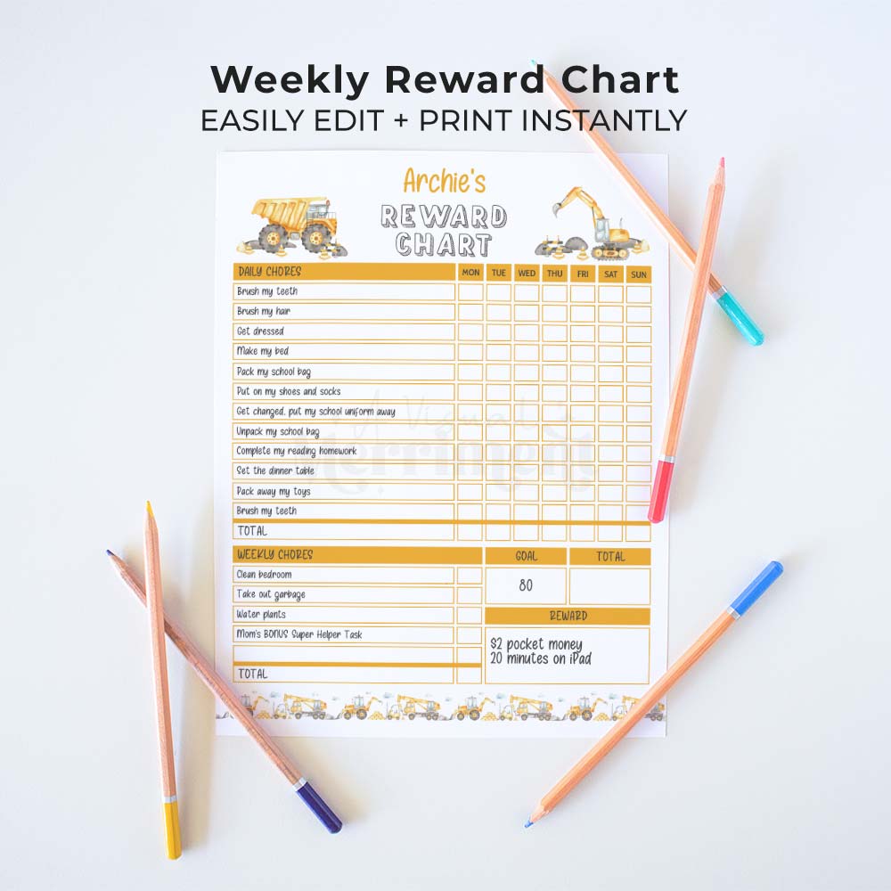 construction editable printable weekly reward chart for children and pencils