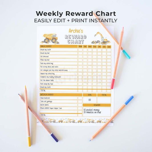 construction editable printable weekly reward chart for children and pencils