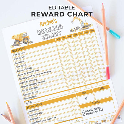 editable reward chart with a construction-themed design and pencils on white background
