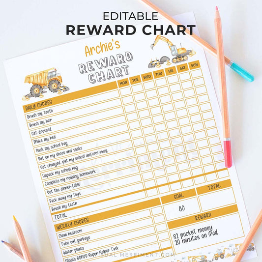 editable reward chart with a construction-themed design and pencils on white background