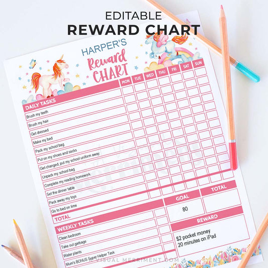 unicorn editable printable chore chart for children with pencils