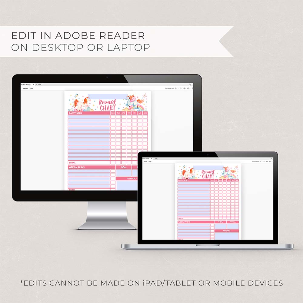 unicorn editable chore chart templates on computer and laptop screens
