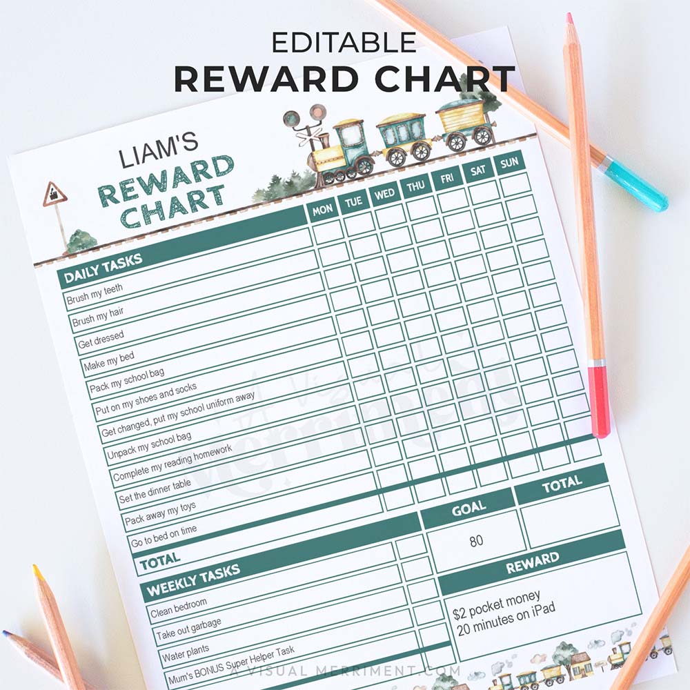 vintage train editable printable reward chart for children with pencils