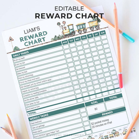 vintage train editable printable reward chart for children with pencils