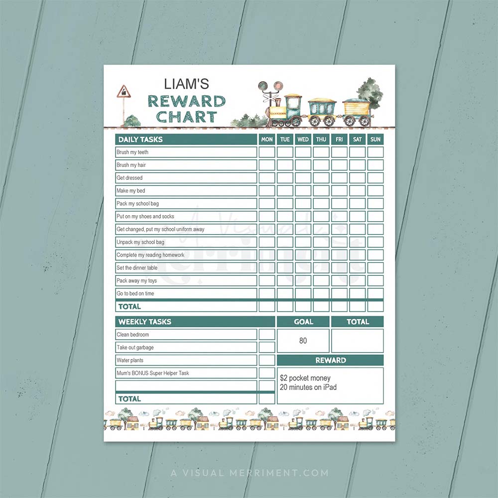 editable printable vintage train reward chart template on timber background