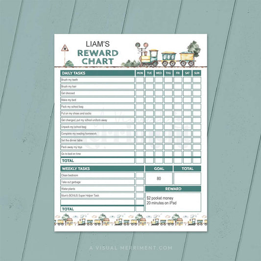 editable printable vintage train reward chart template on timber background