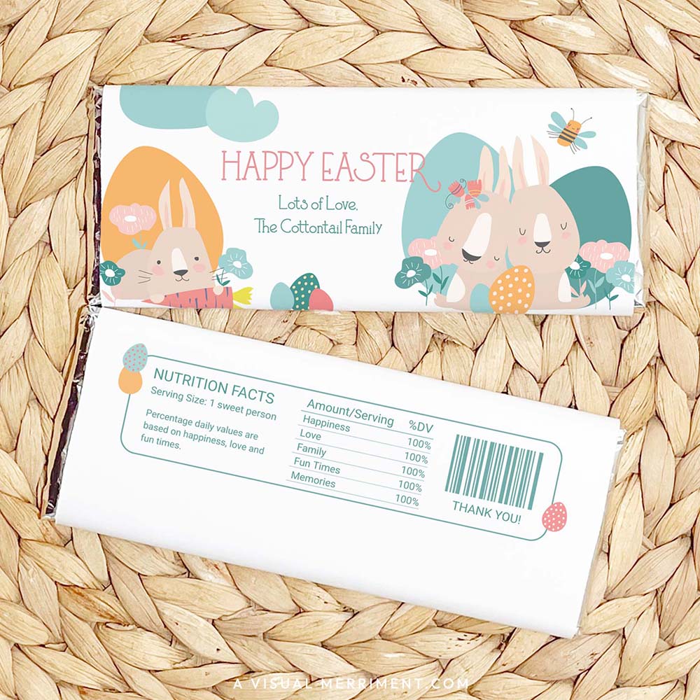 front and back of Spring Bunny Easter chocolate wrapper on grass mat