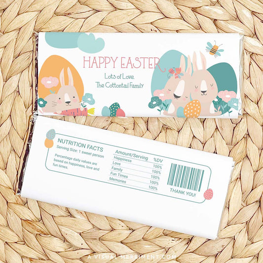front and back of Spring Bunny Easter chocolate wrapper on grass mat