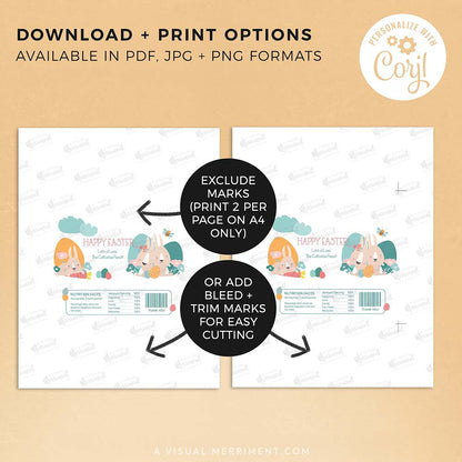 features and options of Spring Bunny Easter chocolate wrapper printed on pages